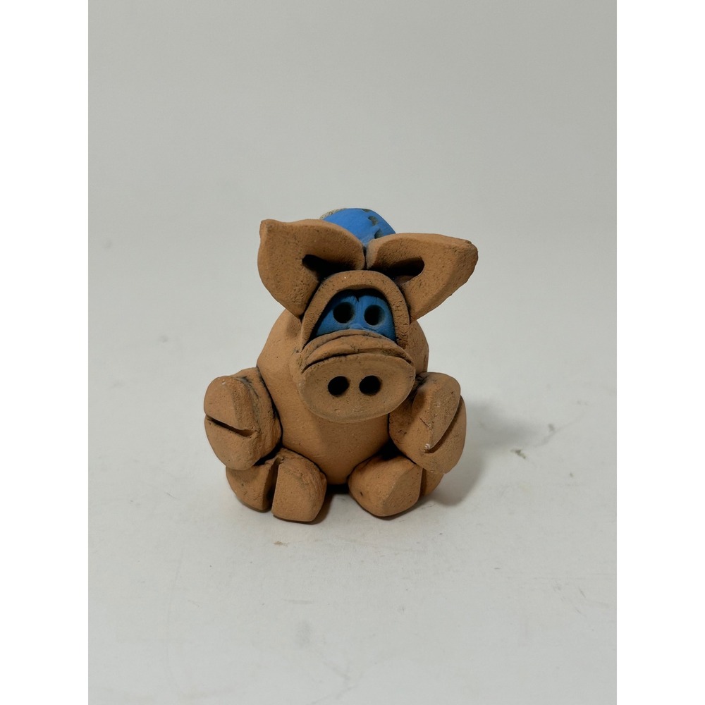 Vintage Studio Pottery Terracotta Pig Figurine with Blue‎ Baseball Cap Folk Art